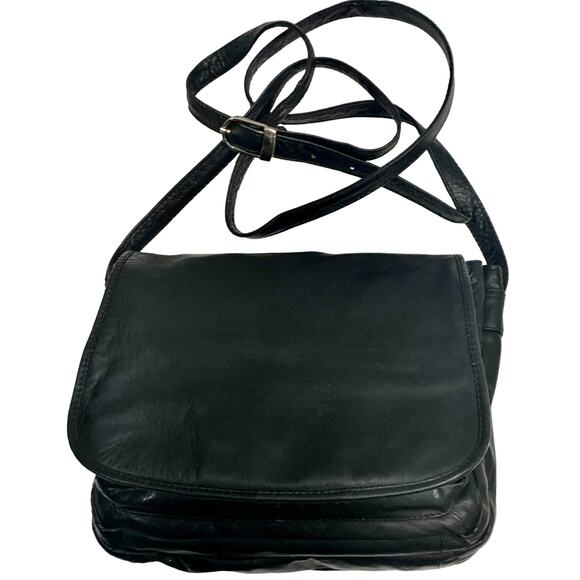 90s Black Leather Organizer Shoulder Bag – Multi-Compartment Crossbody Travel - Picture 1 of 13